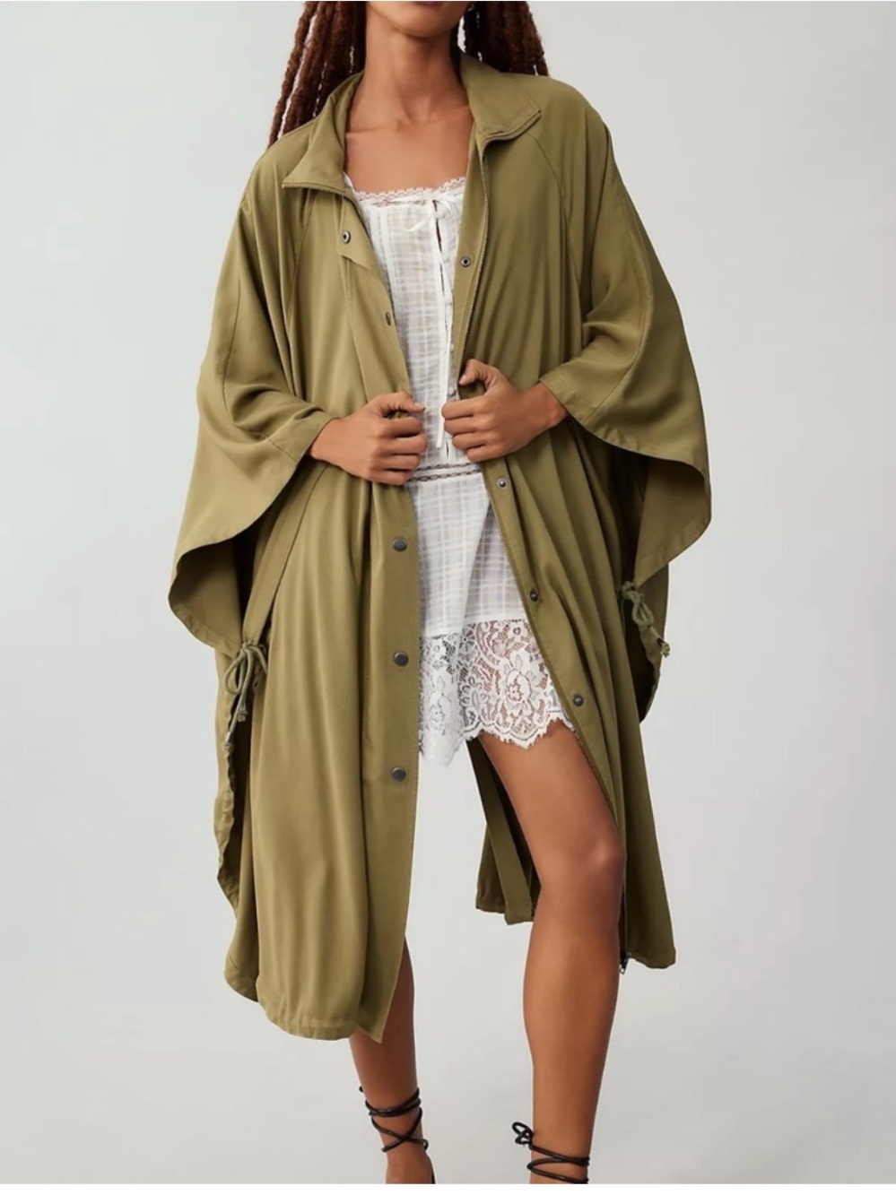 Anthropologie Green Poncho Trench Cape Khaki Utility Jacket Oversized One Size